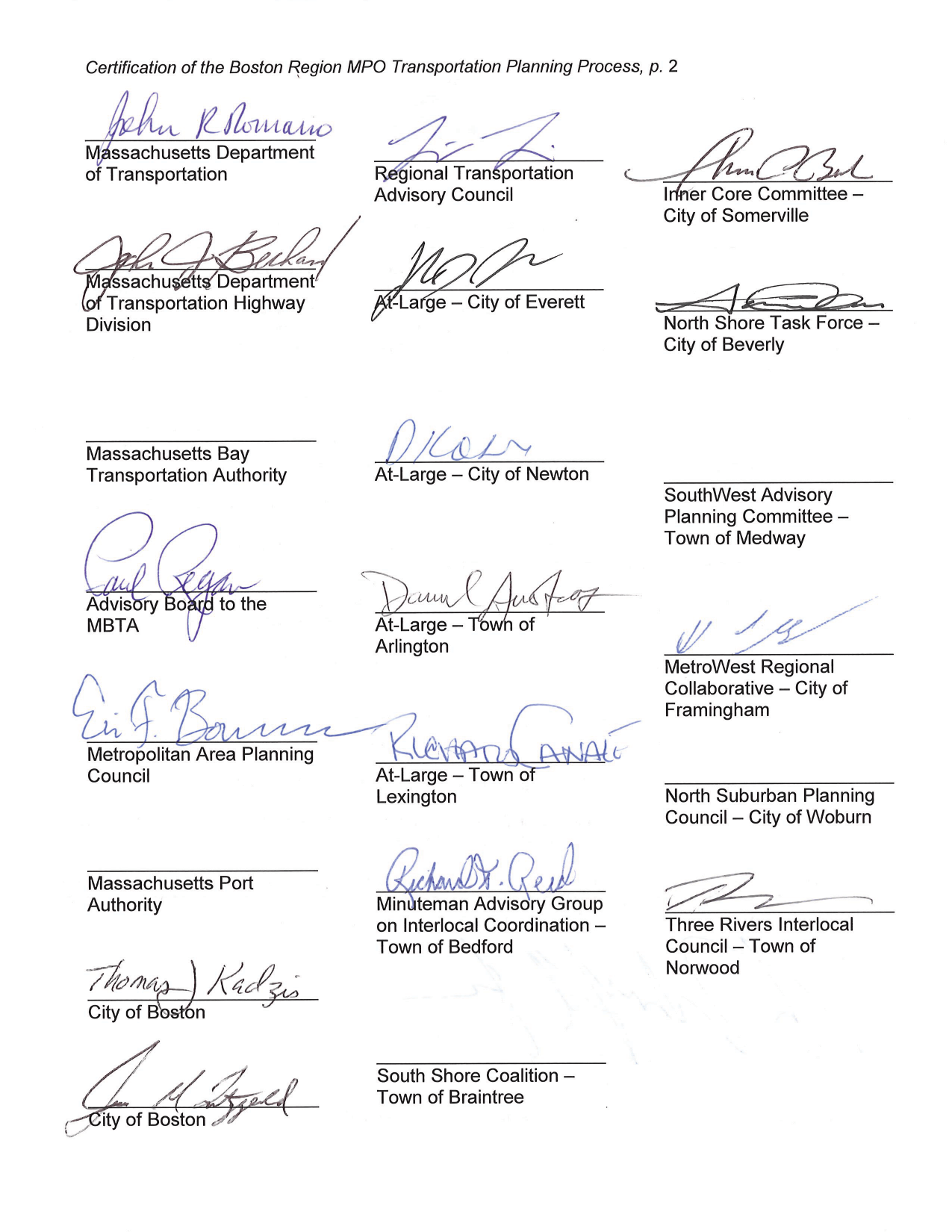 Certification Statement

These pages list the ten requirements of the transportation planning process to be conducted by Metropolitan Planning Organizations (MPOs), and certify that the Boston Region MPO complies with these requirements. The certification of the Transportation Planning Process is signed by the members of the Boston Region MPO members, with the exception of:  Massachusetts Bay Transportation Authority; Massachusetts Port Authority; North Suburban Planning Council – City of Woburn; South Shore Coalition – Town of Braintree; and SouthWest Advisory Planning Committee – Town of Medway.